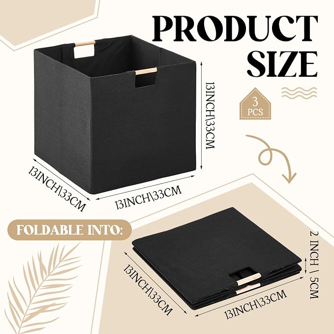 Cinnvoice 3 Pack Fabric Storage Bins for Closet Shelves, 13 x 13 x 13 Inch Black Rectangle Wardrobe Organizer with Handle, Collapsible Shelves Storage Basket for Sorting Clothes and Toy