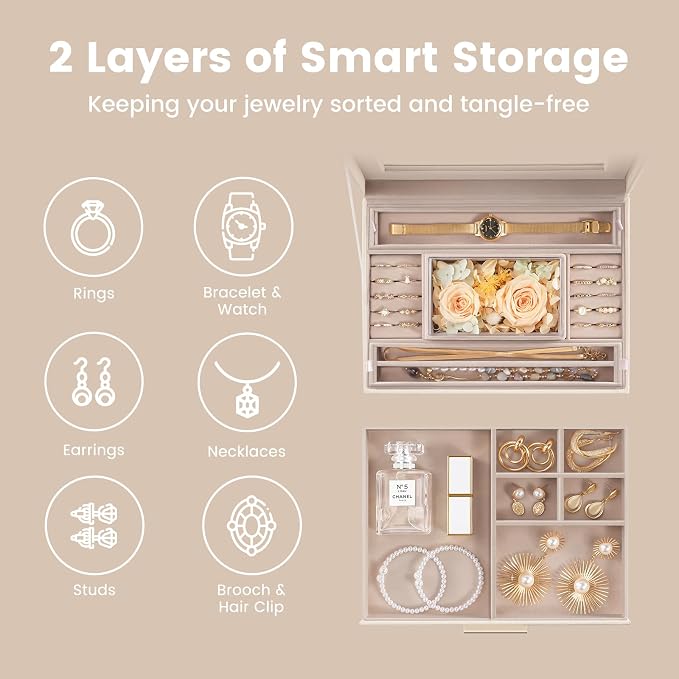 Lolalet Jewelry Organizer with Glass Lid, 2-Layer Jewelry Box Case with Drawer, Earrings Watch Ring Display Storage -Beige