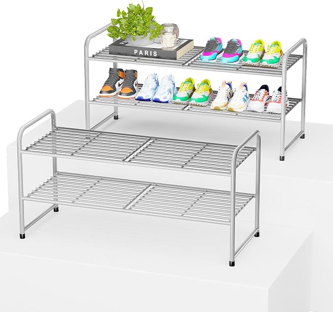 2 Pack Shoe Rack, 2-Tier Metal Stackable Shoe Shelf Storage Organizer, Heavy Duty Wire Shoe Stand for Entryway, Closet, Hallway, Holds 50 LBS, Gray