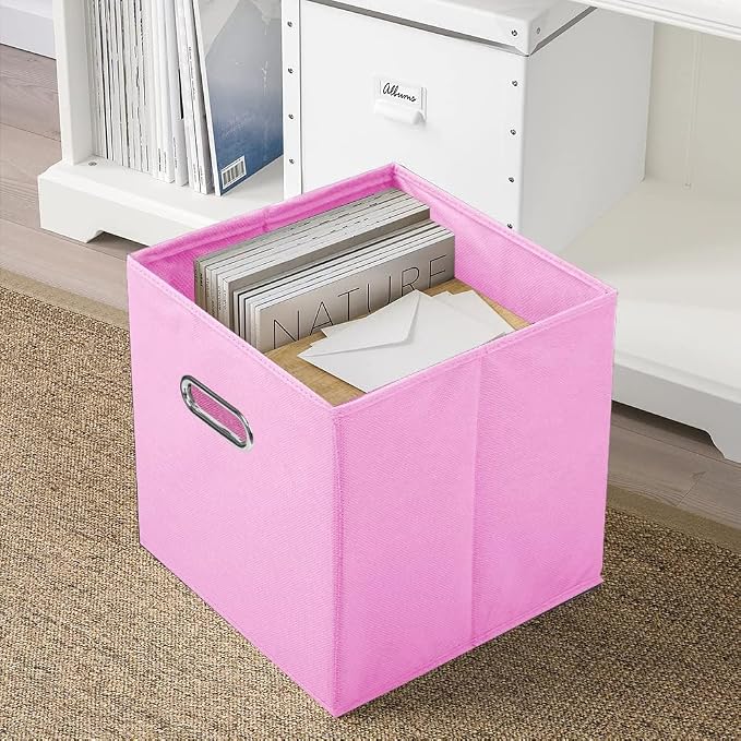 ShellKingdom Storage Bins, Foldable Fabric Storage Cubes And Cloth Storage Organizer Drawer with Metal Handle For Closet And Toys Storage, 11 X 10.5 X 10.5 INCH, 6 Pack (Pink)