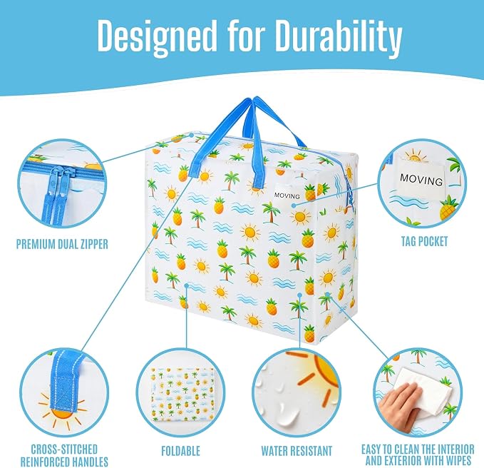 VENO 4 Pack Heavy Duty Moving Bags, Storage Bags, Packing Supplies, Top Zipper, Storage Totes for Camping, Clothes, Bedding, Comforters, Pillows (22 Gallon, Tropical Island, 4 Pack)