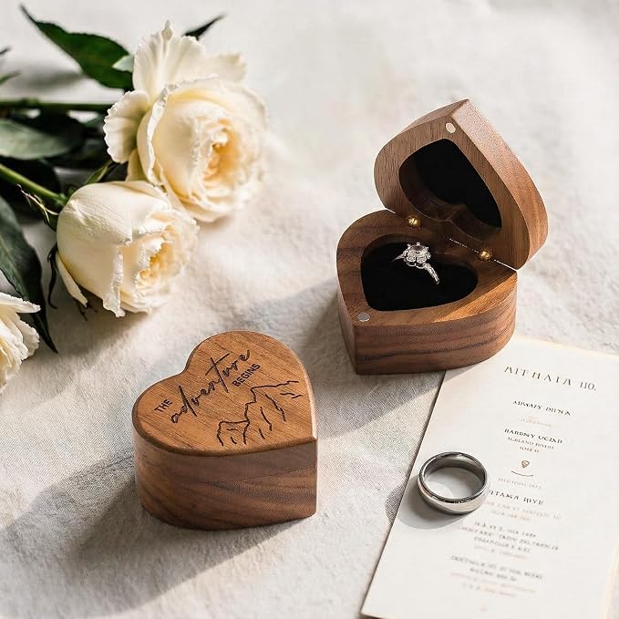 Engagement Proposal Ring Box Secret Slim Engraved Wooden Heart Case | Engrave"The adventure begins", Walnut Wood Ring Bearer Box Jewelry Storage Holder Display for Wedding Ceremony Commemoration