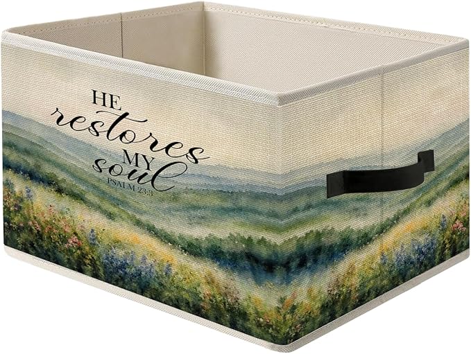 Mountain Wildflower Scenery Christian Storage Bin Box with Handles, He Restores My Soul Bible Verse Foldable Organizer Basket Toybox for Home Bedroom Bathroom Clothes Toys Books