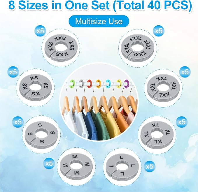 PATIKIL Clothes Dividers for Hanging Clothes, 40 Pack 8 Sizes Round Pre-written Clothing Rack Dividers Size Mark Label Sorting Separator for Closet, Grey