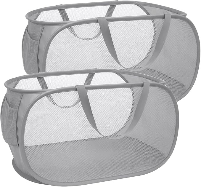 Pop Up Laundry Hamper,Collapsible Horizontal Baskets with Handles & Side Pocket,Foldable Sturdy mesh for Laundry Room,Bathroom,Kids Room,College Dorm or Travel (Double Grey)