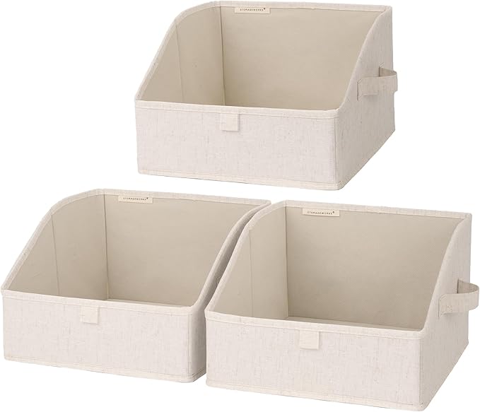 StorageWorks Closet Storage Bins, Trapezoid Organizer Box for Shelves, Fabric Clothes Bin, Foldable Organizing Baskets with Handles, Small, Beige(Cotton-linen), 3-Pack