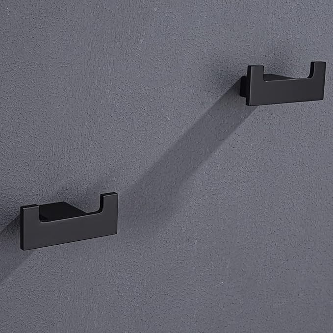 RANDOM Black Double Towel Hook SUS304 Stainless Steel Towel Hooks for Bathroom Wall Mounted Coat Hooks Heavy Duty Wall Hook Square Hand Towel Holder Matte Black Robe Hook.96009-8MB-2