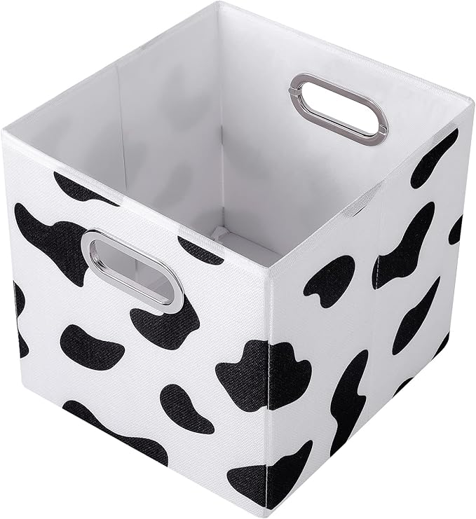 ANMINY Cow Print Cube Storage Bins with Handles, Washable, Collapsible | Cotton Linen Fabric, PP Plastic Board, Animal Print Decor, Storage Basket for Closet Shelf, 11 x 11 x 11 Inch, 2PCS