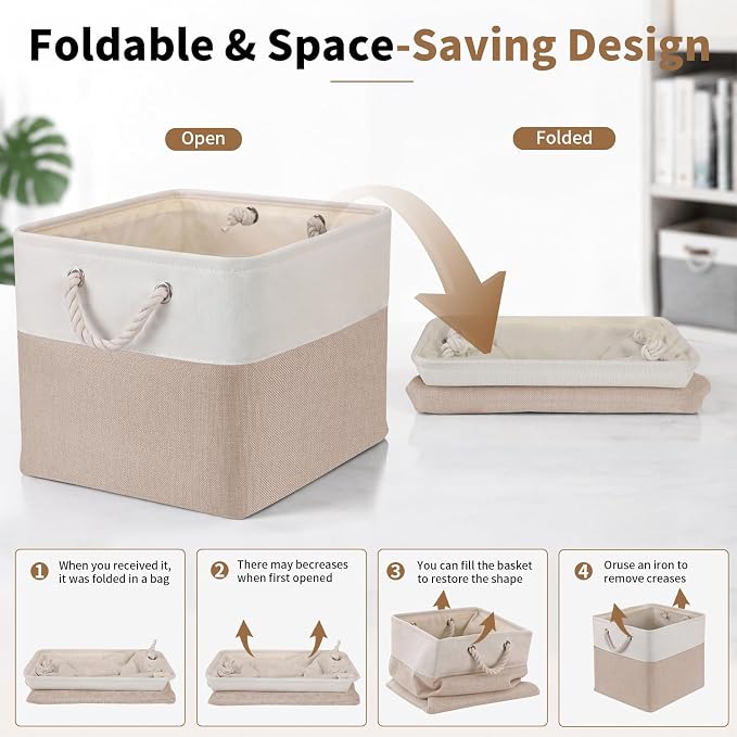13×15×13 Inch Storage Cubes,6 Pack Cube Storage Bins for Shelves,Fabric Collapsible Storage Bins with Handles, Foldable Storage Basket for Organizing Clothes,Books (White&Beige,13"x15"x13")