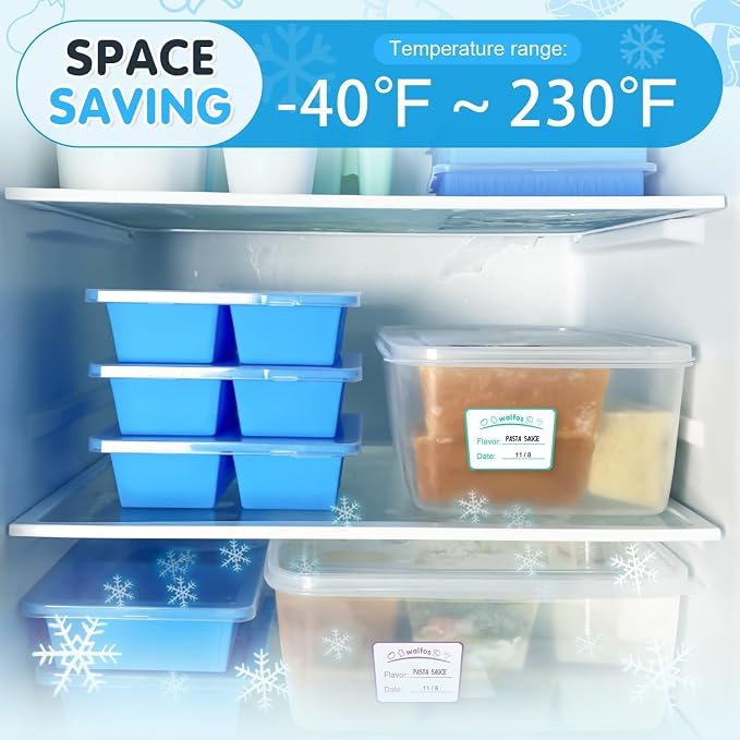 Walfos Silicone Freezer Tray with Lid - 1.5Cup Silicone Food Freezer Tray - Soup, Sauce, leftovers, Homemade Meal Prep Freezing Kitchen Storage Containers - 4pcs-blue