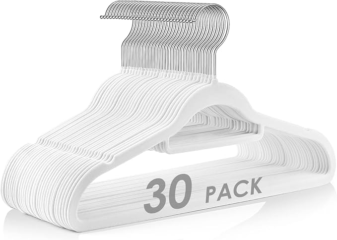 DUDUCOFU Velvet Hangers Non Slip Felt Hangers, 30 Pack White Velvet Clothes Hangers Space Saving Slim with 360 Degree Swivel Hook for Suits Coats, Jackets, Pants, and Dress Clothes