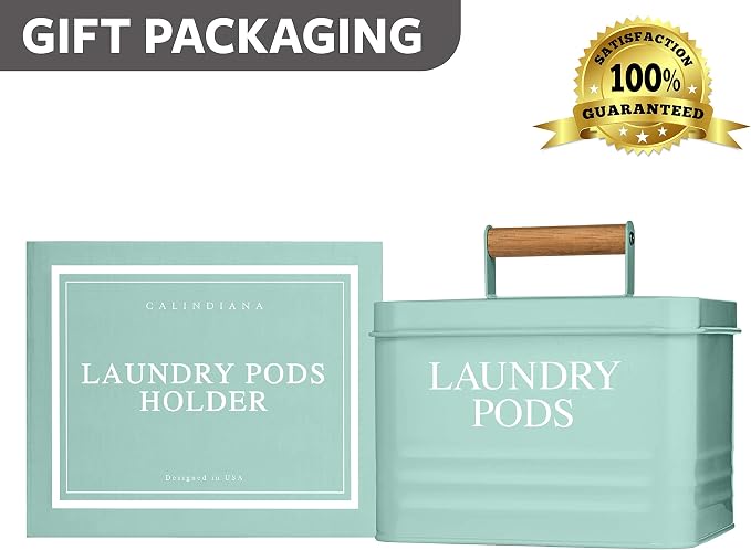 Calindiana Modern Farmhouse Metal Laundry Pods Holder Container with Lid for Laundry Room Decor and Accessories and Space Saving Organization and Storage, Holds 81 Laundry Pods, Mint