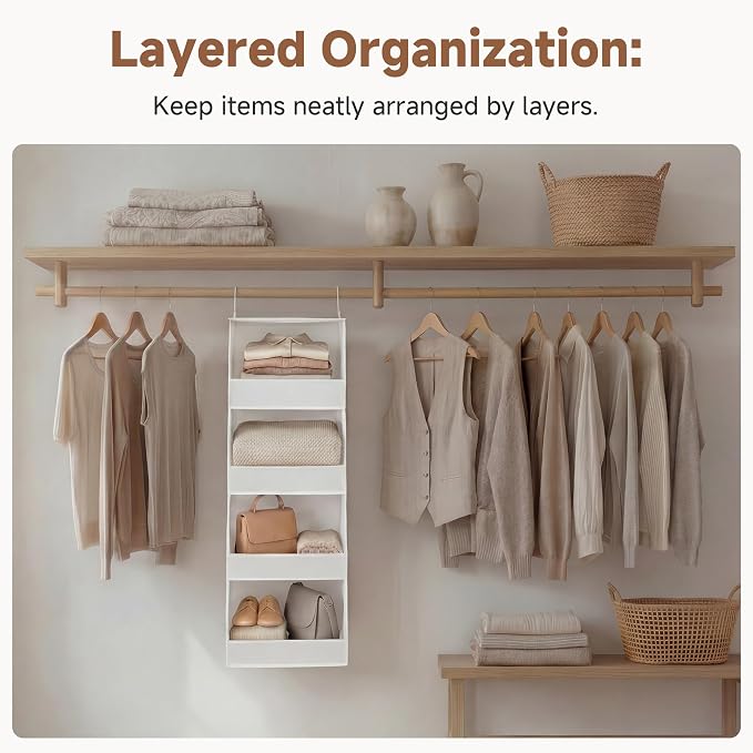 StorageWorks Basics Hanging Closet Organizer, 4-Shelf Wide Trapezoid Closet Shelves with Reinforced Anti-Sagging Support for Sweaters, Hoodies and Handbags, Foldable Storage Organizer, Beige