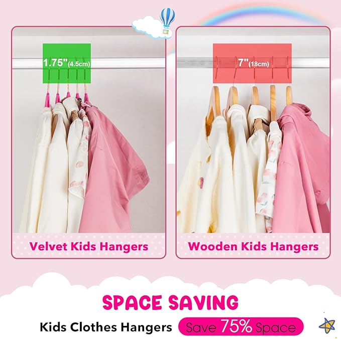 HOUSE DAY Velvet Kids Hangers 60 Pack, Premium Childrens Hangers for Closet, Ultra Thin Cute Clothes Hanger, Non Slip Small Felt Hanger 14 Inch for Kids Clothes, Hot Pink