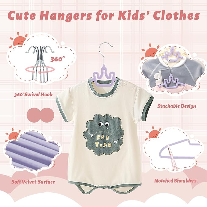 ManGotree Baby Velvet Hangers, Non-Slip Felt Kids Clothes Hanger, 12.6" Cute Crown Hanger for Closet, Space Saving Toddler Hangers for Children's Clothes (20 Pack, Purple)