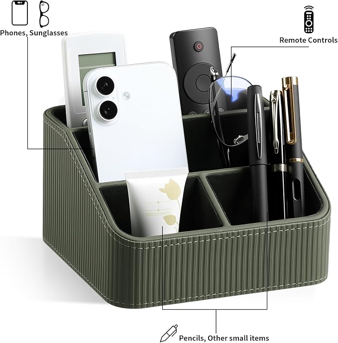 Remote Control Holder with 4 Compartments, PU Leather Small Nightstand Organizer for Home Desk Accessories Office Supplies, Multifunctional Stylish Small Bedside Desktop Organizers (Green)
