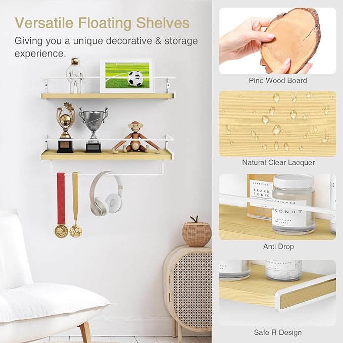 Forbena Floating Shelves for Wall with Rail, White and Natural Wood Nursery Book Shelves for Baby Girls Boys Kids Room Bedroom, Hanging Bookshelves Wall Mounted for Books, Toys, Bathroom (Set of 2)