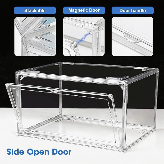 HIYOHIYO 8 Pack Clear Shoe Box Organizer, Large Capacity Fit US Size 14 | Stackable, With Magnetic Door, Thicken Sturdy, Easy Assembly Transparent Display Case, For Sneaker, Ankle Boots, High Heels
