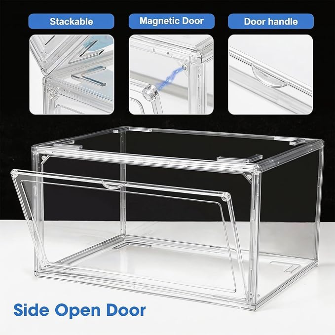 HIYOHIYO 2-Pack Stackable Clear Shoe Boxes, Acrylic Display Shoes Organizer, Thicken Sturdy Display Box with Magnetic Door, Clear Shoe Storage Boxes, Fit up to US Size 14
