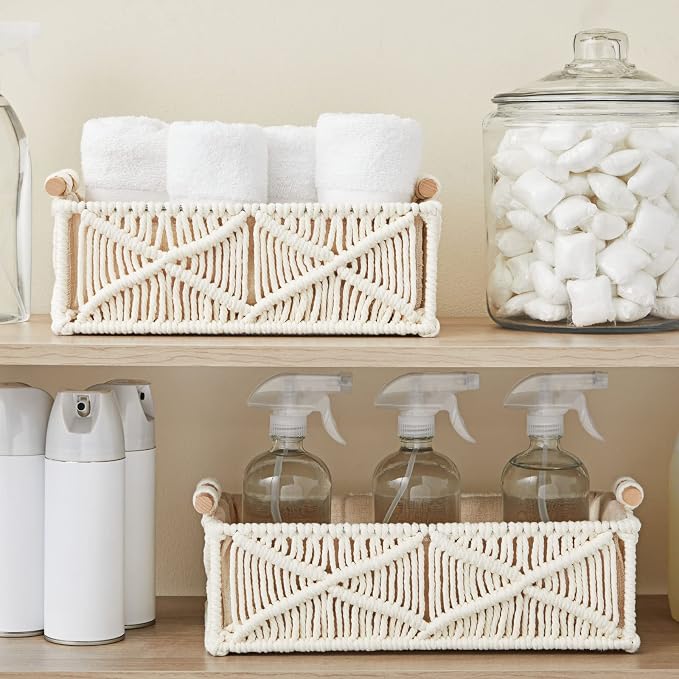 Okuna Outpost Macrame Storage Basket Set - Macrame Shelf Baskets for Storage - Cotton & Wood Handle Organizer for Bathroom & Nursery Decor - Pack of 2, Ivory, 13.5 x 6.5 x 4 & 12 x 5.5 x 4 in