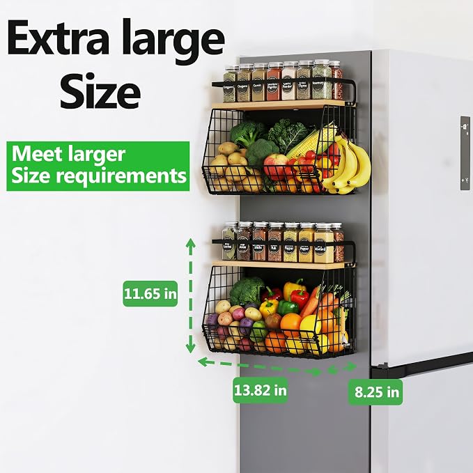 2 Pack Magnetic Spice Storage Rack Organizer for Refrigerator, Magnetic Shelf for Fridge with Wood Lid, Organizer for Kitchen & Laundry, Potato and Onion Storage Bins, Large Container, Strong Magnets