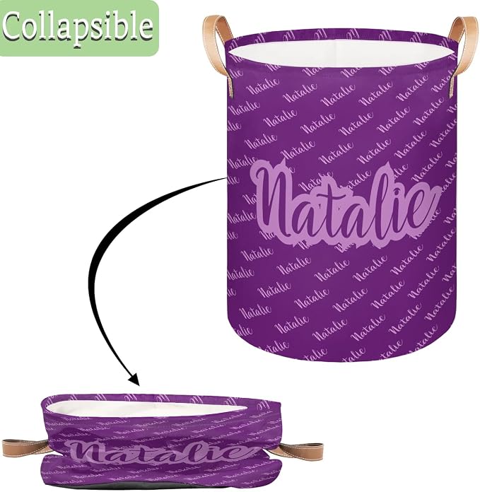 Personalized Laundry Basket, Custom Gift Laundry Hamper, Collapsible Nursery Waterproof Laundry Baskets, Dirty Clothes Toy Hamper with Handles Name Text Purple