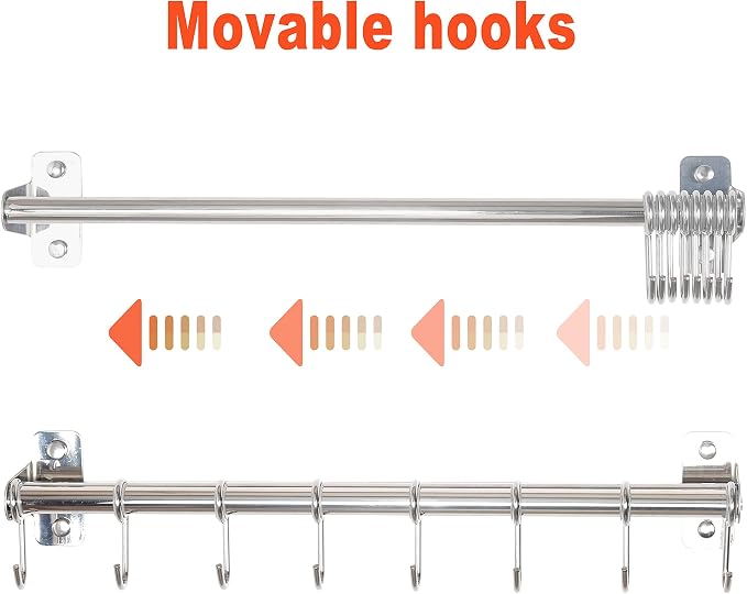DSEAP Pot Rack - Pots and Pans Hanging Rack with 8 Hooks, Double Bars, Wall Mounted, Chromed