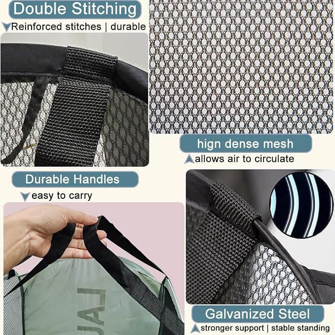 Collapsible Mesh Pop Up Laundry Hamper 2Pack Foldable Laundry Basket for clothing, stuffed animals, towels, for Laundry Room, Dorm, Apartment (Black+Grey)