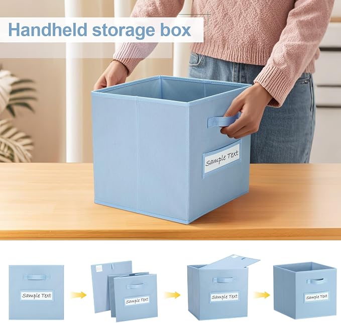 11x11 storage cube bins (Set of 10) Foldable Fabric storage cubes with 10 Labels Window Cards & a Pen,11 inch cube storage bin,Closet Organizers for Shelves,Cubby Organizer Boxes,Pastel Blue