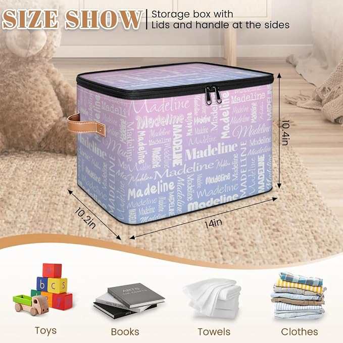 Custom Storage Basket with Name, Personalized Keepsake Box with Zipper Lid, Foldable Fabric Memory Bin Large capacity with Handle Pink Purple