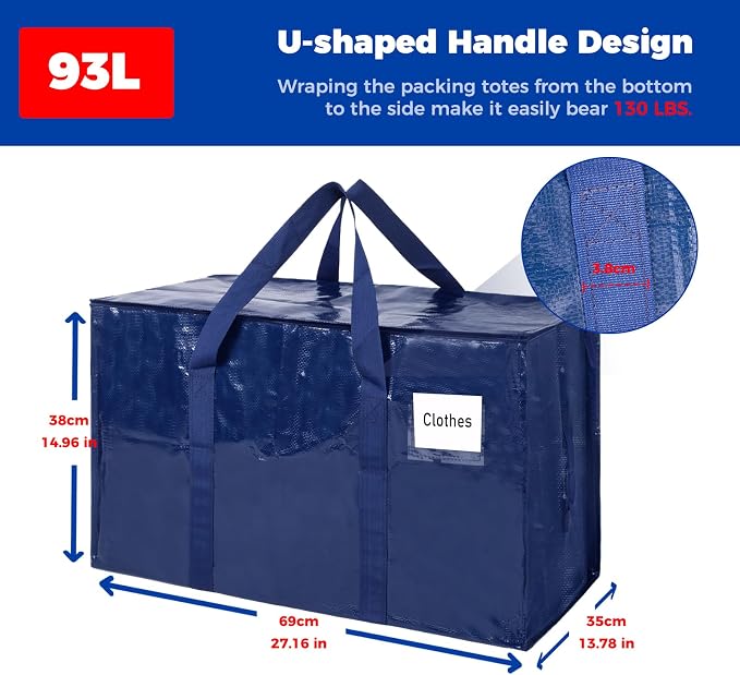 93L Moving Bags 8Pack Storage Bag Large Moving Boxes with Lids, Zippers Handles for Moving Totes Bins, College Dorm, Traveling, Camping, Christmas