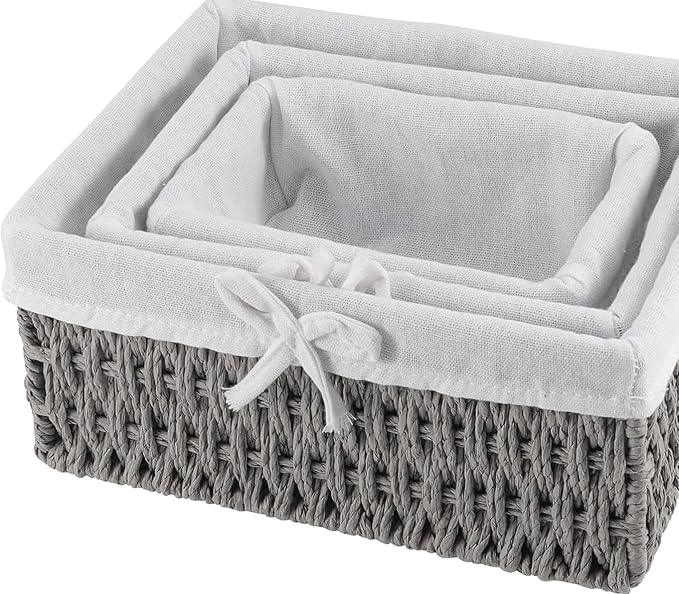 SHEUTSAN 3 PCS 3 Sizes Gray Woven Storage Basket with Removable Liner, Decorative Paper Rope Woven Storage Bin for Organizing and Storing