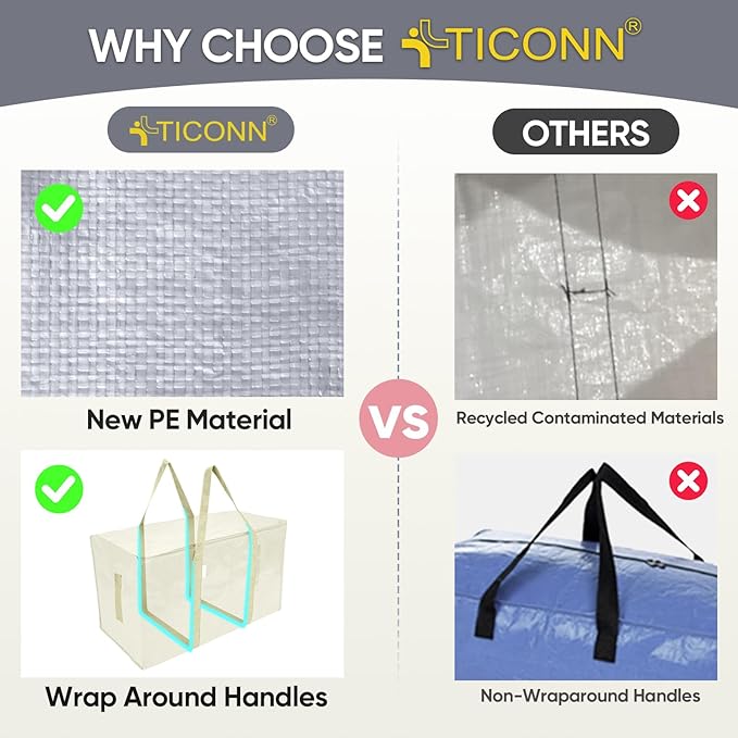 TICONN 4 Pack Extra Large Moving Bags Heavy Duty with Zippers & Carrying Handles, Durable Storage Bags Moving Boxes for Closet Organizers and Storage (4 Pack, Cream)