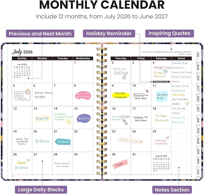 Planner 2026-2027, Hardcover Monthly and Weekly Academic Planner July 2026 - June 2027, Teacher and Student Calendar Agenda Book with Tabs, A5 (6.3" x 8.5"), Ideal for School and Office, Mushroom Garden