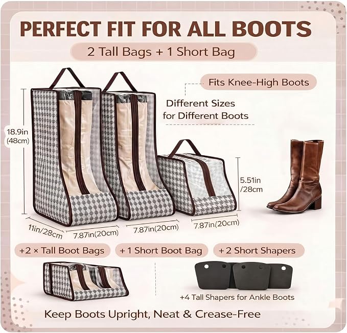 Boot Storage Bag Set for Tall Boots, 3 Pack (2 Tall + 1 Mid), with 6 Boot Shapers, Dustproof Clear Window Shoes Organizer for Closet Travel Cowboy