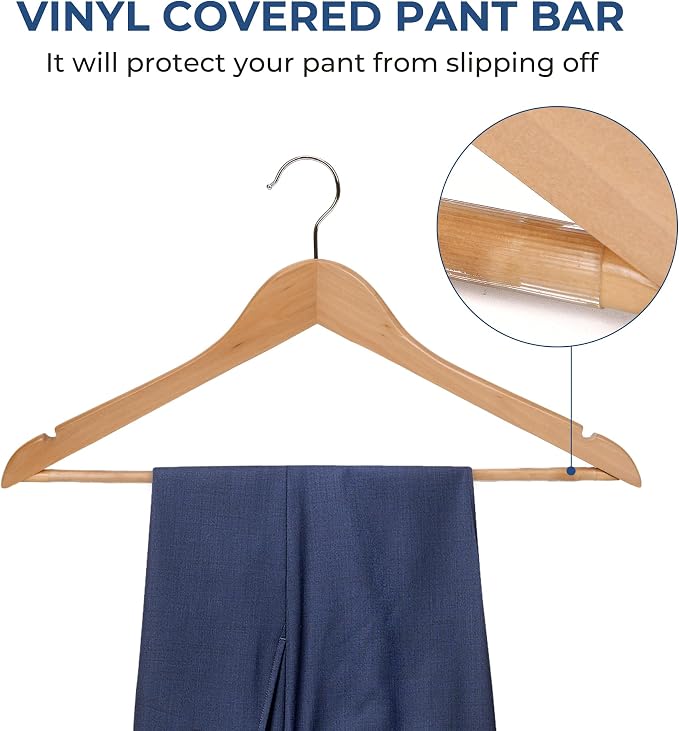 JS Hanger Wooden Coat Hangers, 20 Pack High Grade 17.5 Inch Wood Suit Hangers with Non Slip Pant Bar - Extra Smooth and Splinter Free Natural Finish Wooden Suit Hangers for Closet Organization