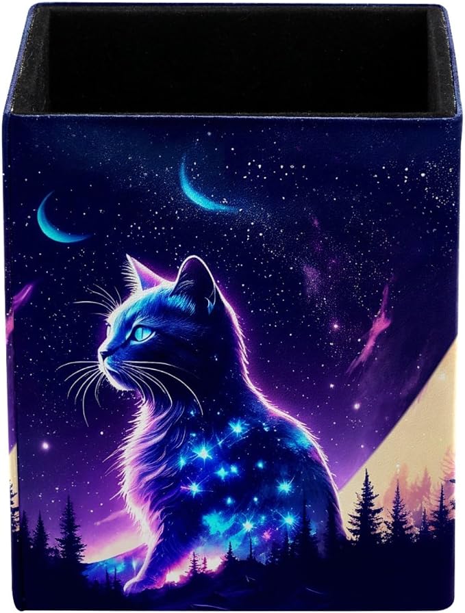 Pen Holder for Desk, Fantasy Purple Starry Sky Cat Pencil Holder, Pen Cup Functional Desk Organizer for Office Supplies