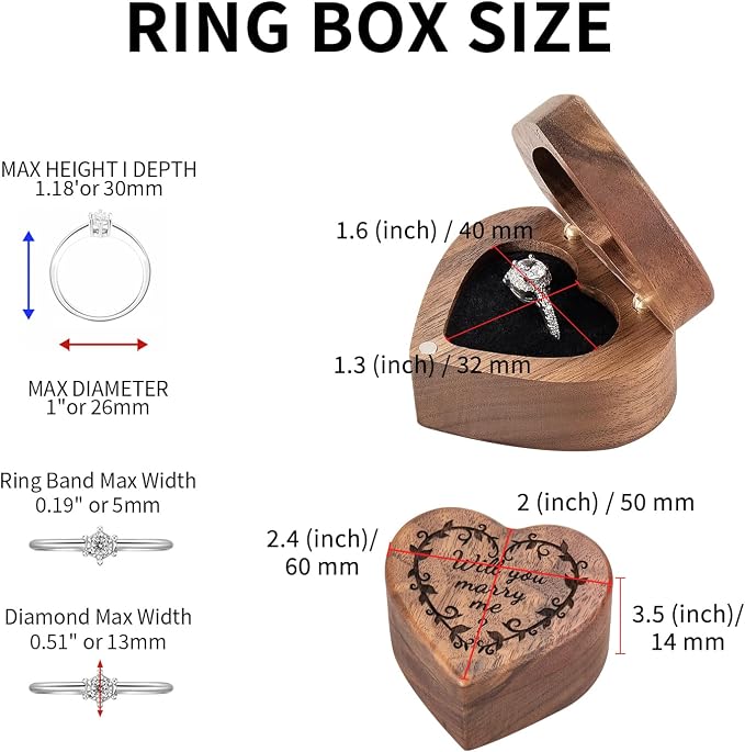Engagement Proposal Ring Box Secret Slim Engraved Wooden Heart Case | Engrave"Will you marry me?", Walnut Wood Ring Bearer Box Jewelry Storage Holder Display for Wedding Ceremony Commemoration