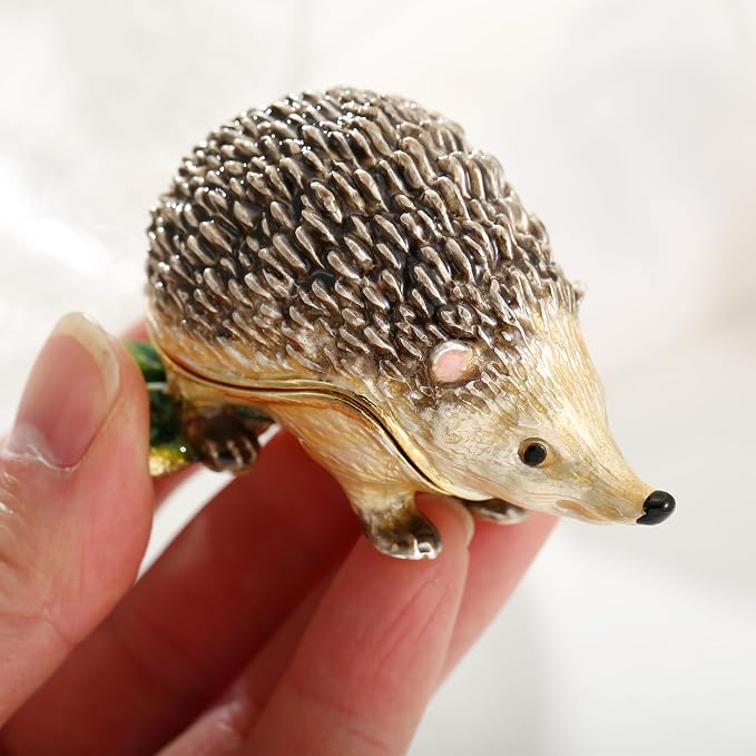 Hand Painted Animal Trinket Box for Home Decor, Hinged Jewelry Organizer Storage, Unique Personalized Collectible Keepsake Figurine Handmade Decorative Ornament Gifts (Hedgehog)
