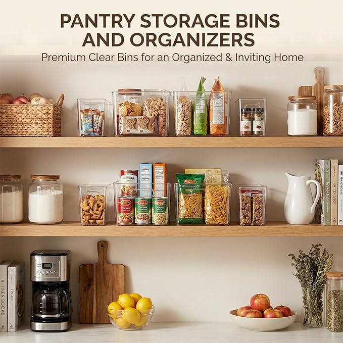 MOONEDGE Clear Plastic Storage Organizer Bins for Home Organization | Clear Bins for Organizing, Pantry Organizers and Storage, Kitchen, Fridge, Bathroom, Cabinet, Closet, Under-Sink, Laundry
