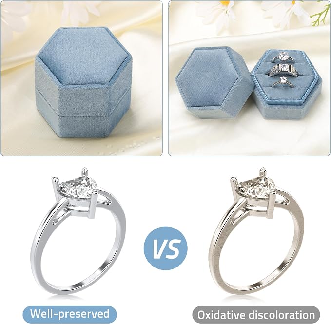 WantGor Velvet Jewelry Ring Box, 3 Slots Hexagon Ring Gift Box Ring Holder | Vintage Ring Display Case for Wedding Ceremony Proposal Engagement (Ocean Blue, 3 Slots)
