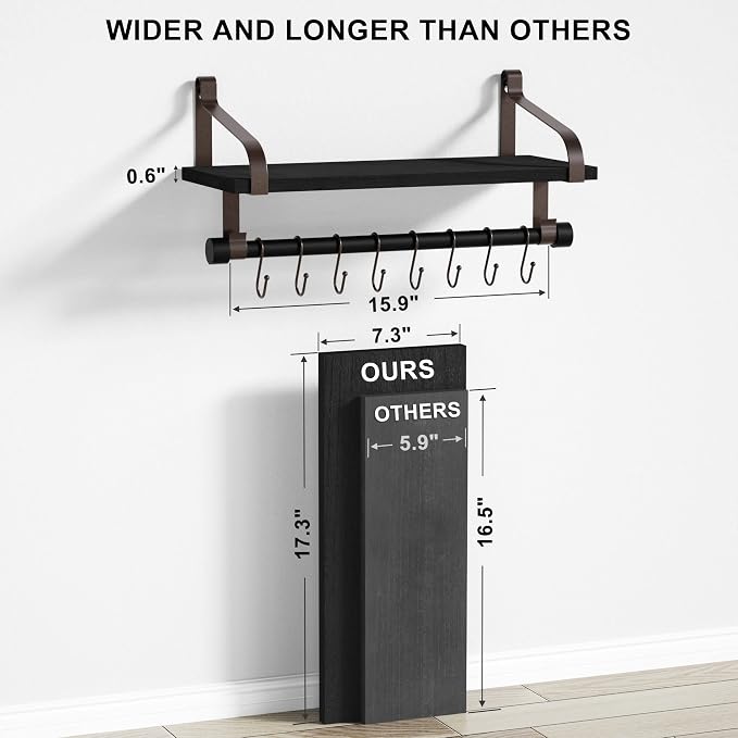 Love-KANKEI 17.3" Floating Wall Shelf Wood/Bracket,Coffee Bar,Black/Brown | Spice Rack,Towel Bar/8 Hooks,40 Lbs/shelf,Easy to Install,For Kitchen,Bathroom,Living Room,Bedroom,Office,Entryway Display