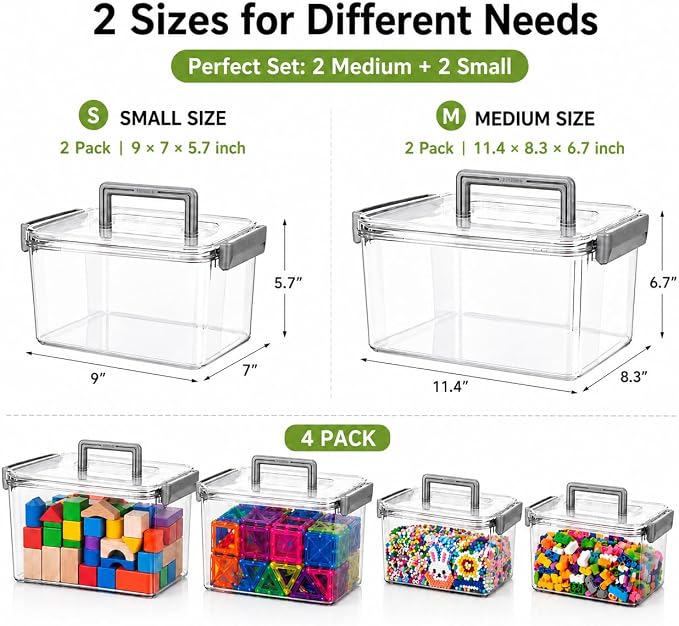 Plastic Storage Containers And Organization Bins Box Stackable with Lid and Secure Latching Buckles, Clear Clip Box For Kitchen or Pantry Storage Cabinet 4 PACK