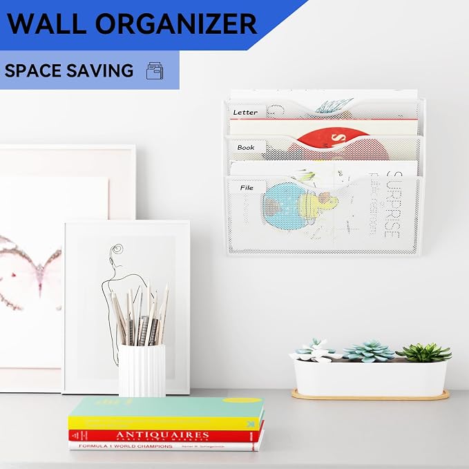 3 Pockets Hanging Wall File Organizer Mail Holder, Wall Mounted Paper Document Folder Holder, Clipboard Storage Organization Magazine Rack, White