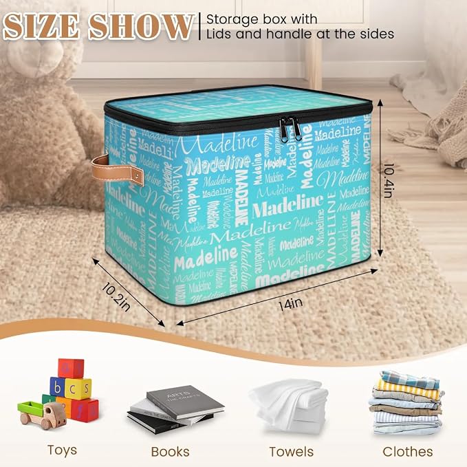 Custom Storage Basket with Name, Personalized Keepsake Box with Zipper Lid, Foldable Fabric Memory Bin Large capacity with Handle Blue Green Gradient