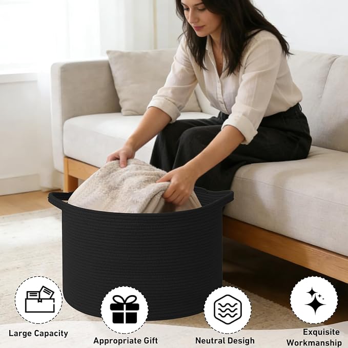 65L Large Blanket Basket,Woven Rope Laundry Basket Hamper with Handles,Decorative Nursery Basket Storage Bin for Toys, Pillows , Clothes Organizer, Living Room, Bedroom, Bathroom, Black
