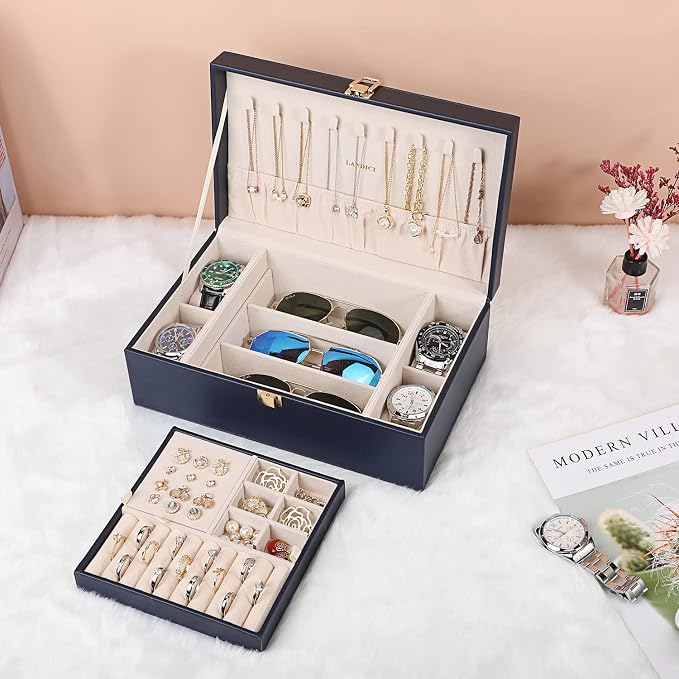 LANDICI Jewelry Box Organizer for Men Women, 2 Layer 4 Slot Watch Storage Case with Removable Tray, PU Leather Large Jewellery Holder Display for Watches Sunglasses Rings Earrings Necklace,Dark Blue