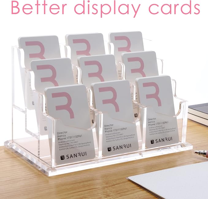 SANRUI Vertical Business Card Holder for Desk，Clear Acrylic Business Card Display Stand，9 Slots 3 Tier ，Holds 450 Cards