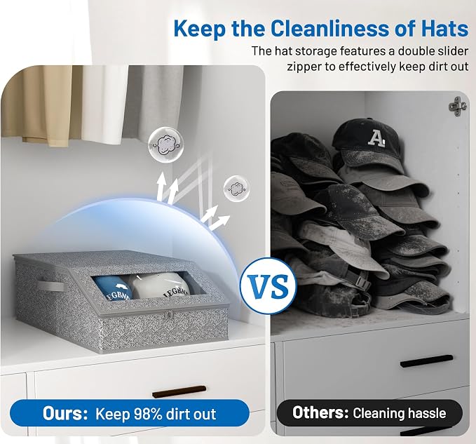 AOODA Sturdy Hat Storage for Baseball Caps, Holds up to 24 Caps Clear Hat Organizer for Closet, Bedroom, Wide Hat Box with Cardboard (Slate Grey)