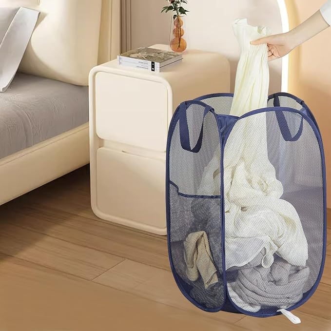 2 Pack Collapsible Pop Up Laundry Hamper, Large Capacity Mesh Laundry Basket Space Saving for Apartments, College Student Dorms, Apartment (Beige+Blue)